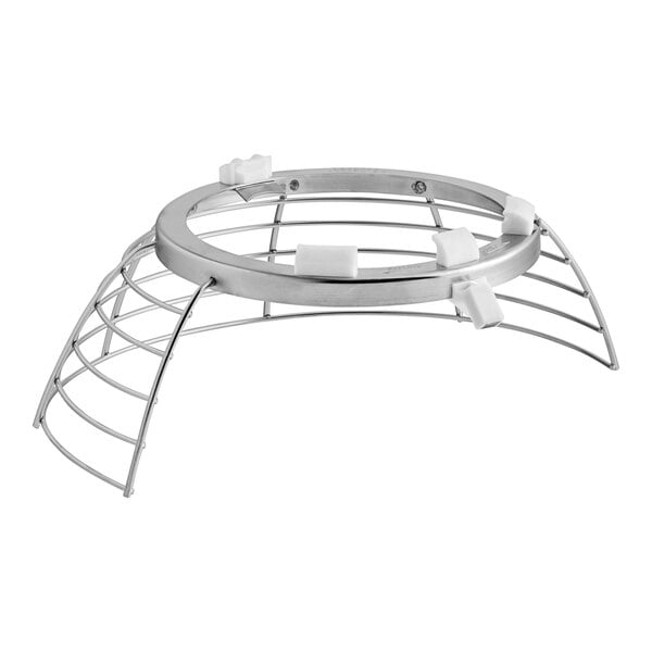 A metal wire cage for a Hobart mixer with white plastic pieces on it.