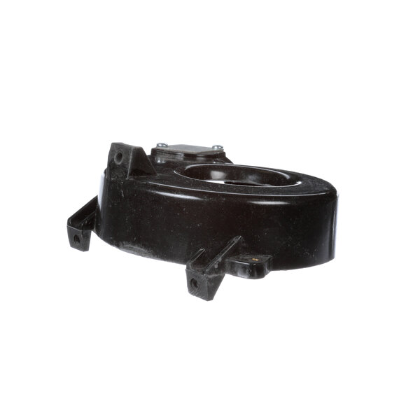 A black plastic fan scroll with a hole.