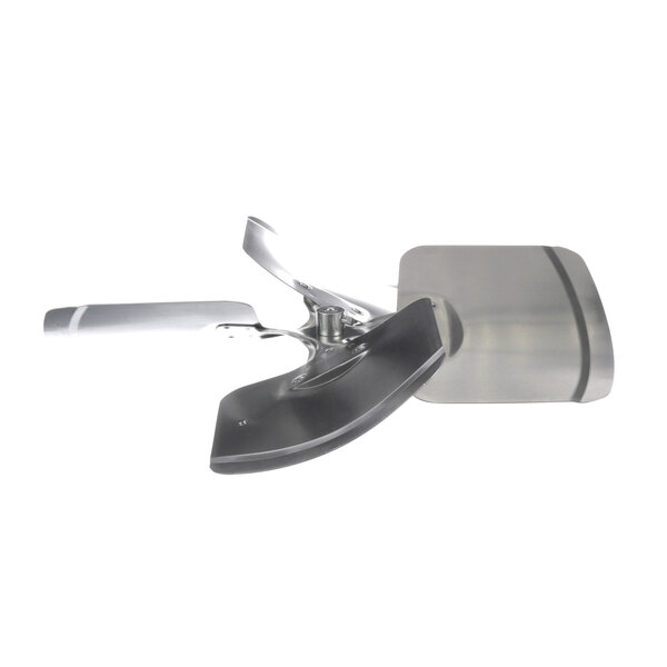 A metal fan blade with a silver handle.