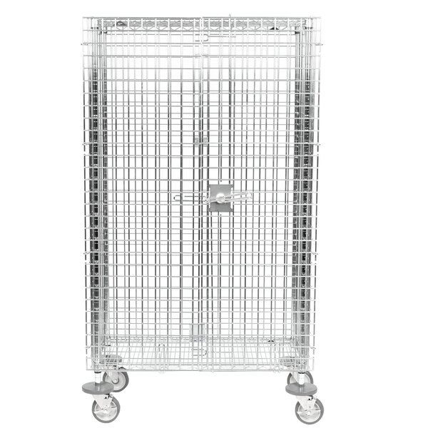 A Metro chrome wire security cabinet on wheels.