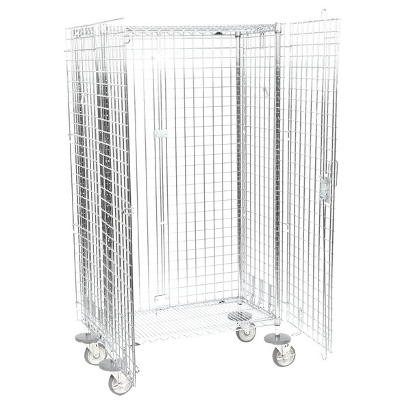 A large Metro wire security cabinet on wheels with the door open.
