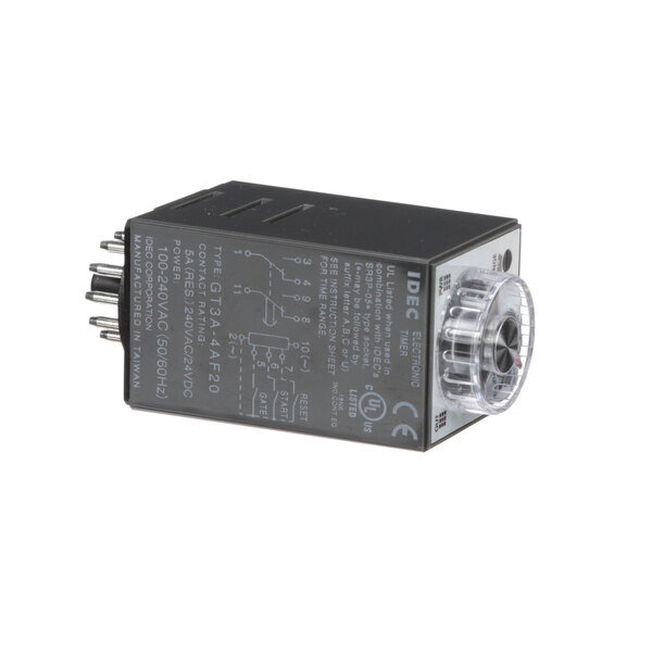 A black electronic device with a clear knob and round light.