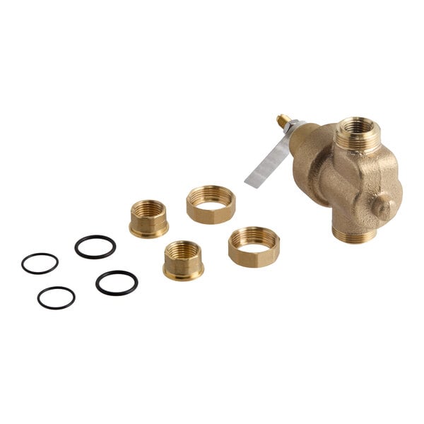 A brass pressure regulator with four brass fittings and five black rubber O-rings arranged on a white background.