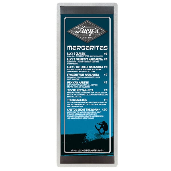 A brushed aluminum menu sign with top and bottom strips for Menu Solutions.