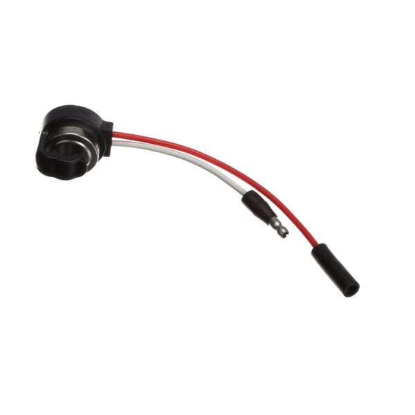A Frigidaire defrost limit switch with a black and red wire and a red connector.