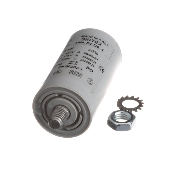 A close-up of a white Quality Espresso condenser cylinder with a nut and a bolt.