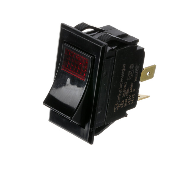 A close up of an OmniTemp black rocker switch with a red light.