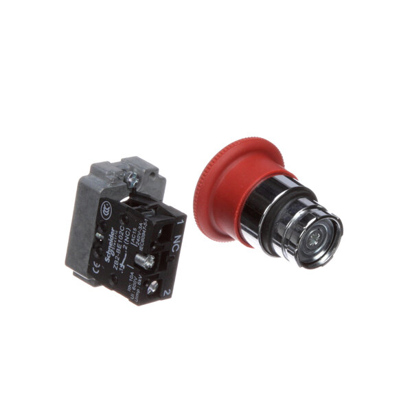 A black and silver electrical switch with a red button.