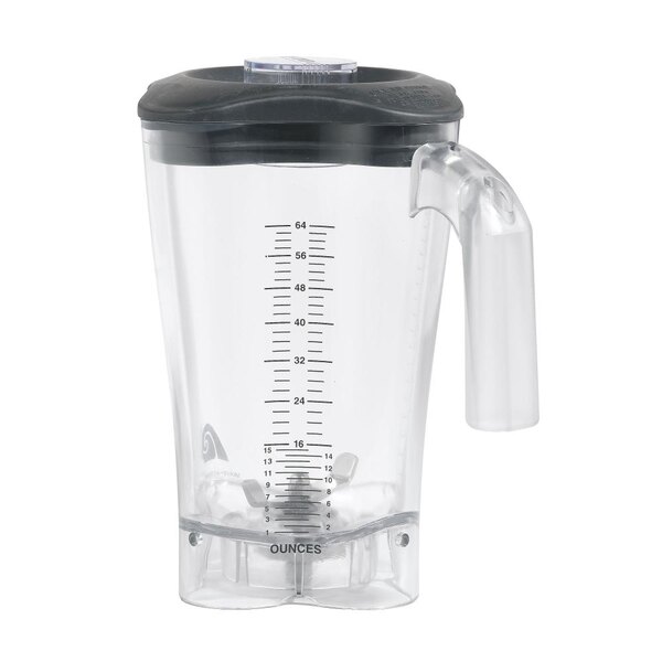 A clear plastic Hamilton Beach blender jar with a black lid.