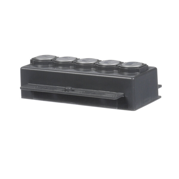 A black plastic container with four round lids.