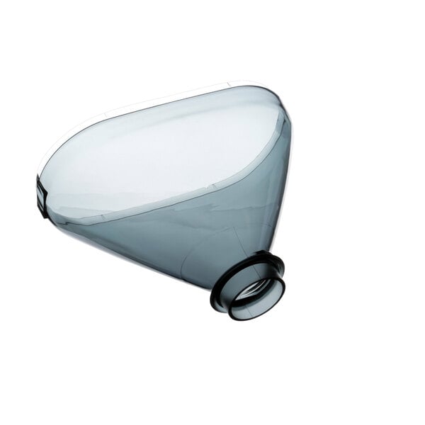 A clear plastic funnel with a black cap.