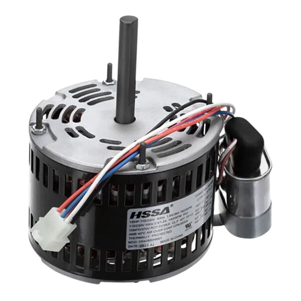 A small black and silver CaptiveAire electric motor with wires.