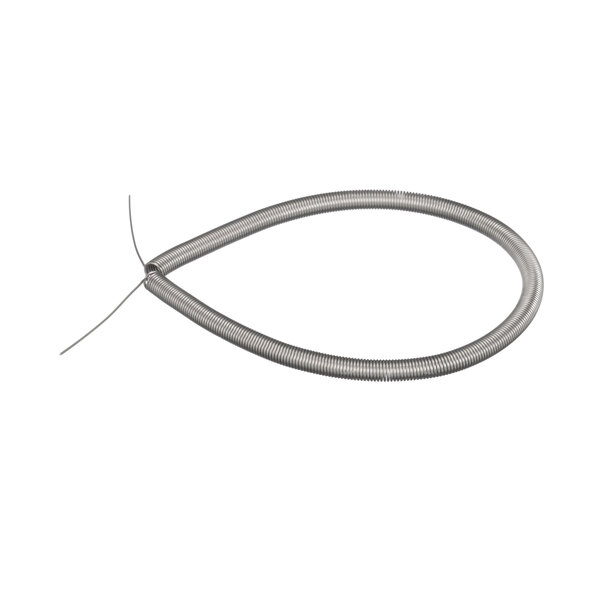 A long, thin, coiled silver metal wire with a hook on one end.