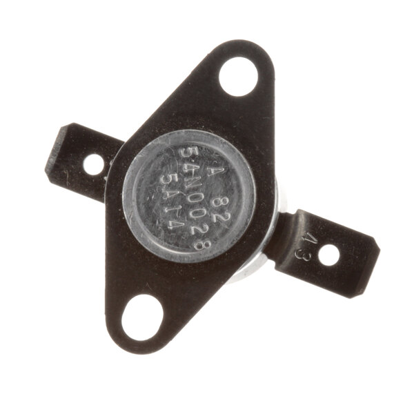 A close-up of a black metal round push button switch with a small button.