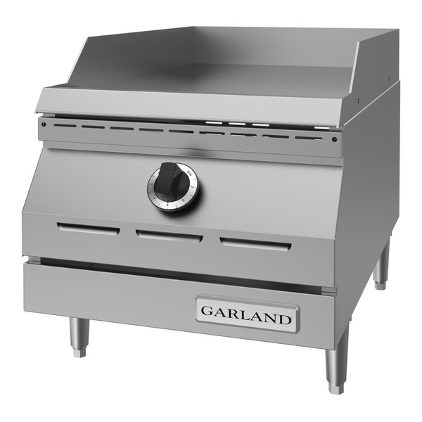 A stainless steel Garland ED-15G Designer Series 15-inch electric countertop griddle with a control knob and raised sides.