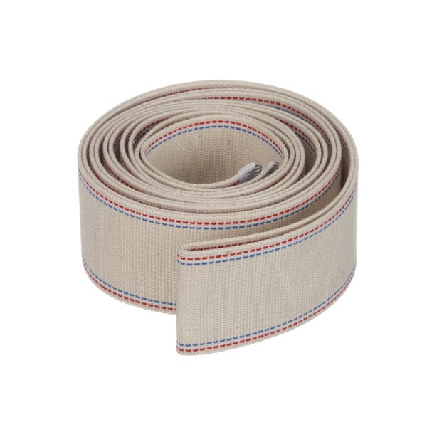 A roll of white fabric belt with red, blue, and white stripes.
