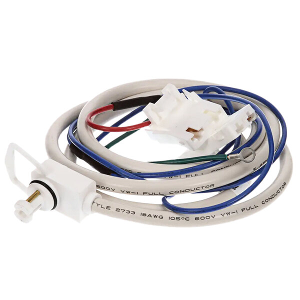 A close-up of a white wire with a connector.
