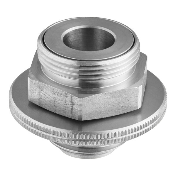 A metallic, cylindrical mechanical component with threading, a hexagonal section, and a knurled edge, likely used as a bearing or connector.