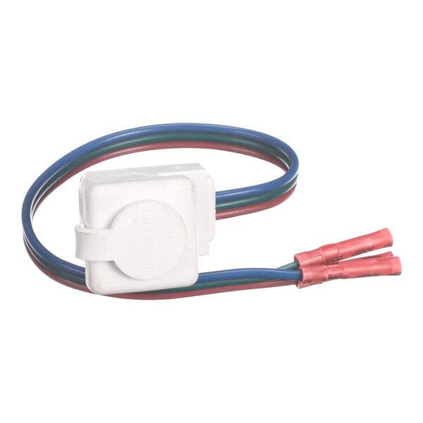 A white Hussmann harness with red and blue wires.