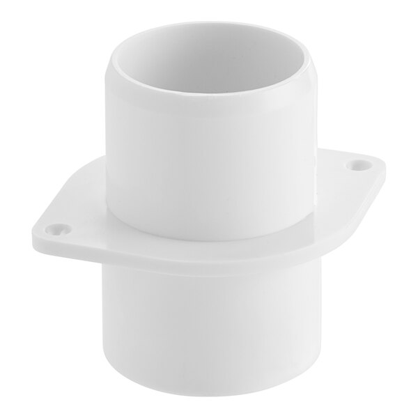 A white plastic Hussmann drain reducer with a cap over a hole.
