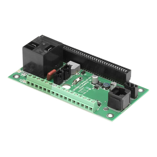A green circuit board with black and black connectors and components.
