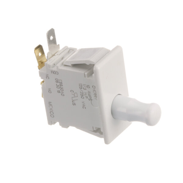 A white Chicago Dryer interlock switch with a white square knob.