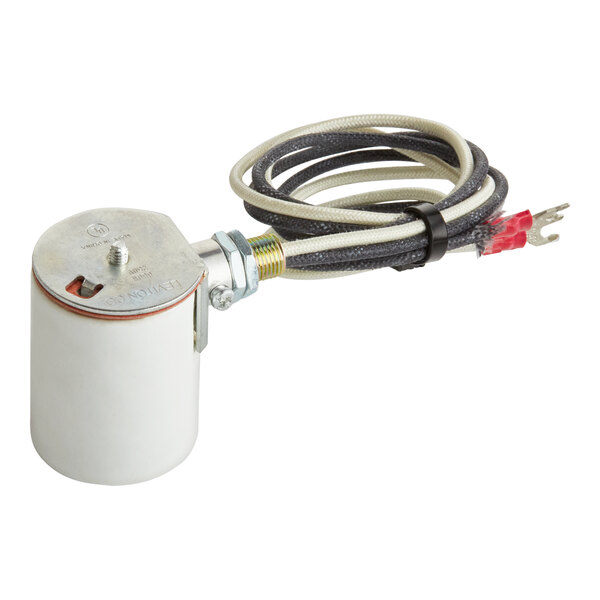 A white cylinder with a black and white cord.