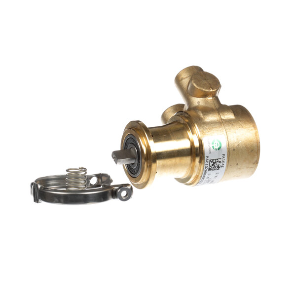 A close up of a brass Quality Espresso pump with a nut and bolt.