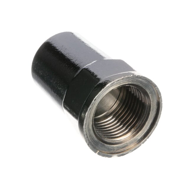 A black metal threaded pipe fitting.