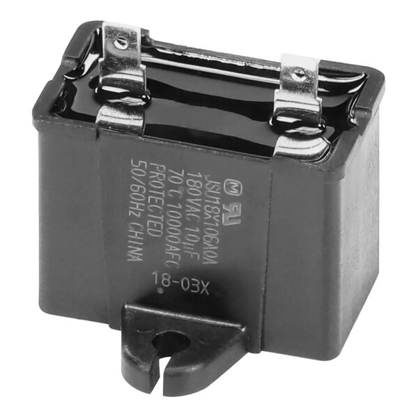 A black square SureShot Solutions run capacitor with silver metal terminals.