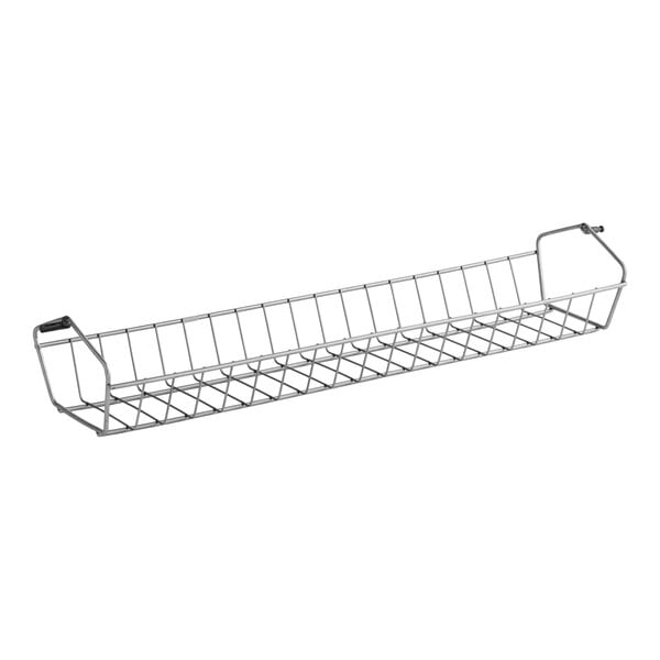 A long, rectangular metal wire basket with raised sides and open grid design.