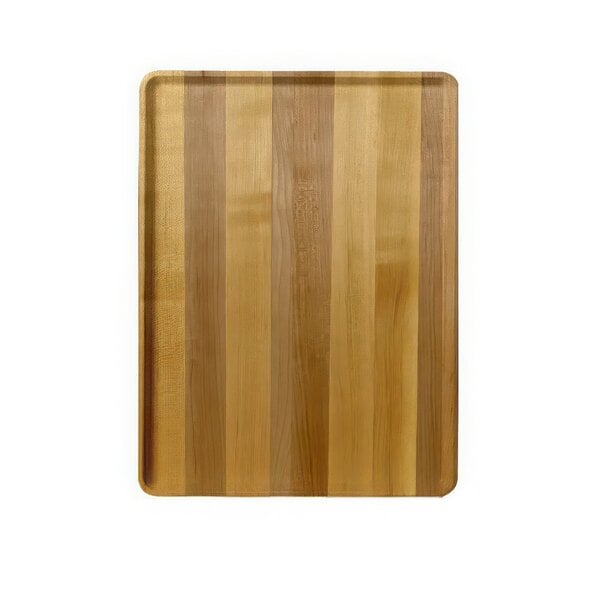 A close-up of a wood cutting board with stripes.