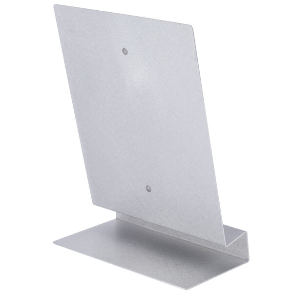 A silver aluminum Menu Solutions Alumitique table tent with a metal base.