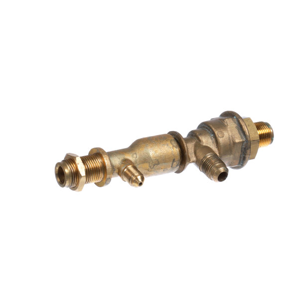 A close-up of a brass Quality Espresso check valve with a brass handle.