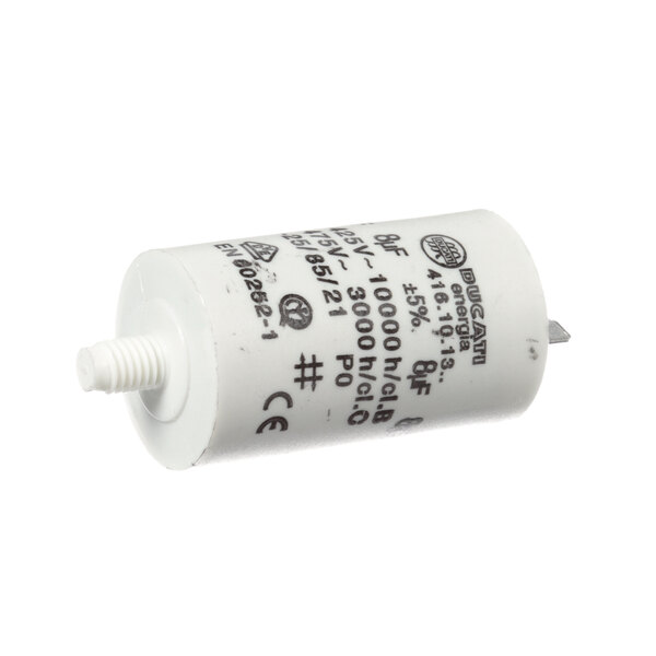 A white Quality Espresso condenser with black writing.