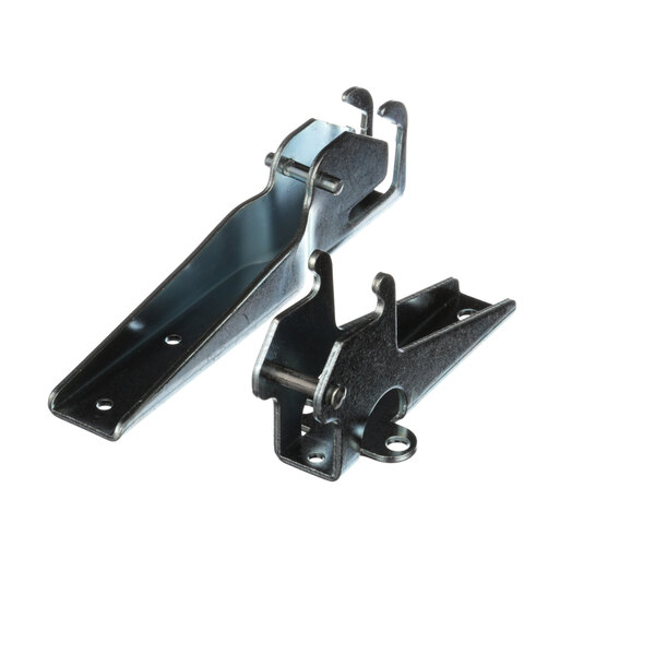 Two black metal Piper Products drop hinges with screws on the side.