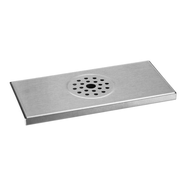 A silver rectangular stainless steel metal plate with holes.