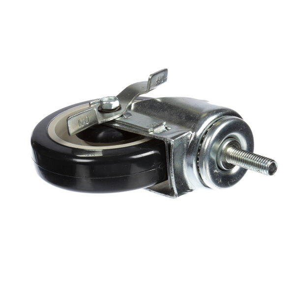 A black and silver Stoelting by Vollrath caster wheel with a metal hub and screw.