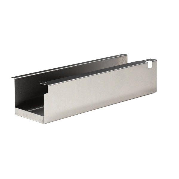 A metal slide for a stainless steel grease drawer with a black handle.