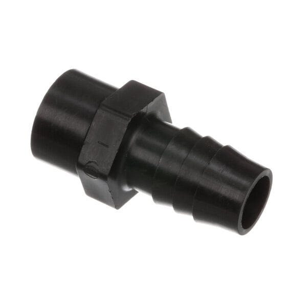 A black plastic pipe fitting with a barb and threads.