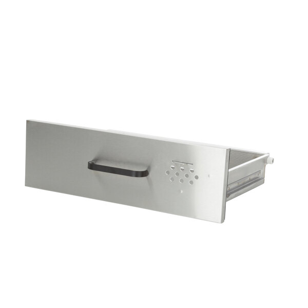 A silver rectangular stainless steel Henny Penny drawer with a black handle.