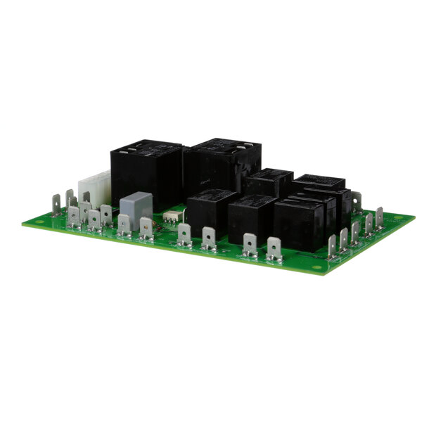A green circuit board with a black relay board assembly.