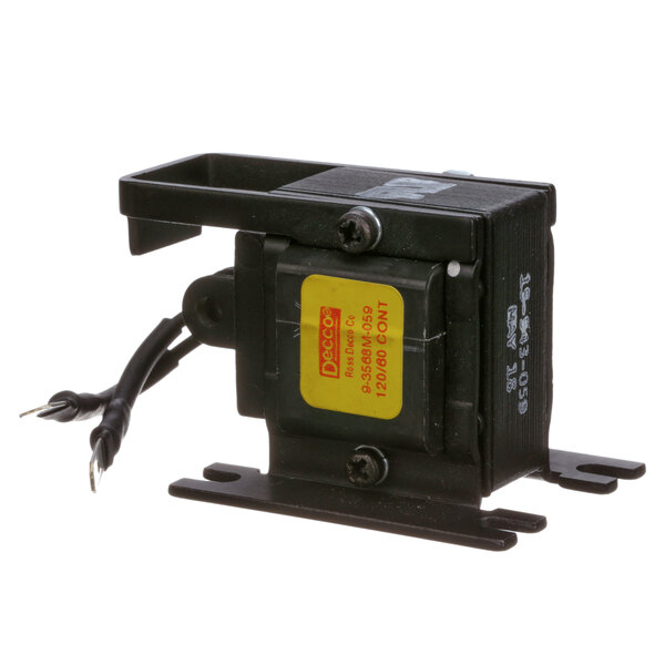 A black electrical device with a yellow label.