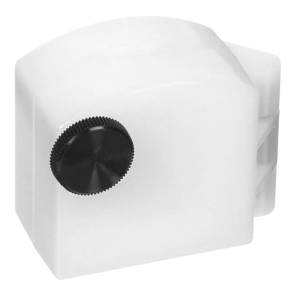 A white plastic SureShot Solutions valve with a black knob.