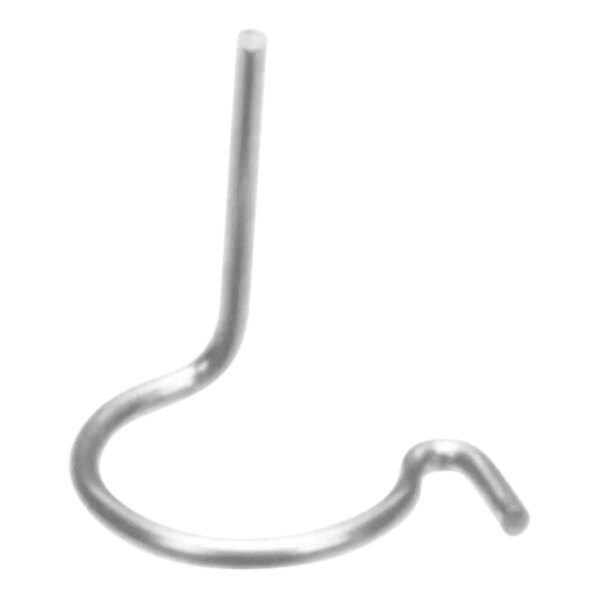 A close-up of a curved metal retainer clip hook.