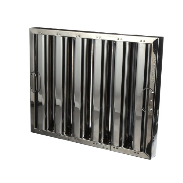 A close-up of a CaptiveAire stainless steel grease filter with four holes.