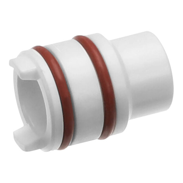 A white and red plastic tube fitting with a hole.