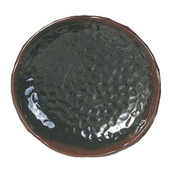 A close-up of a Thunder Group Tenmoku Black Lotus Shaped Melamine Plate with a brown rim.