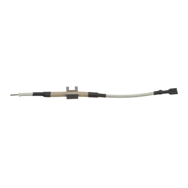 A white and silver cable with a black connector.