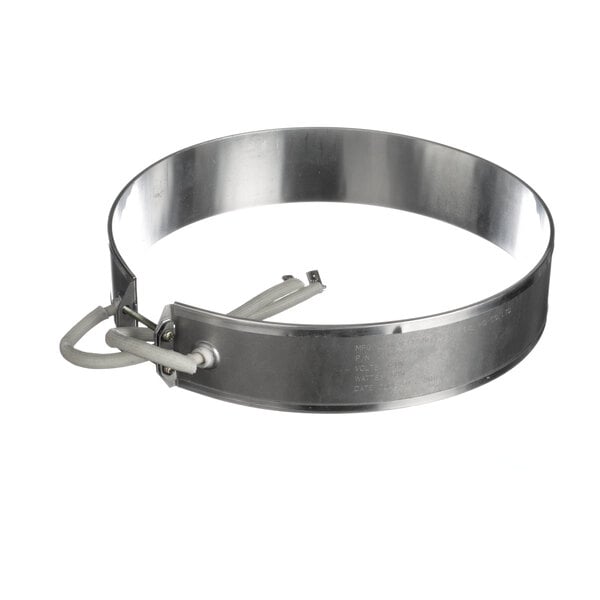A stainless steel circular metal ring with a strap.